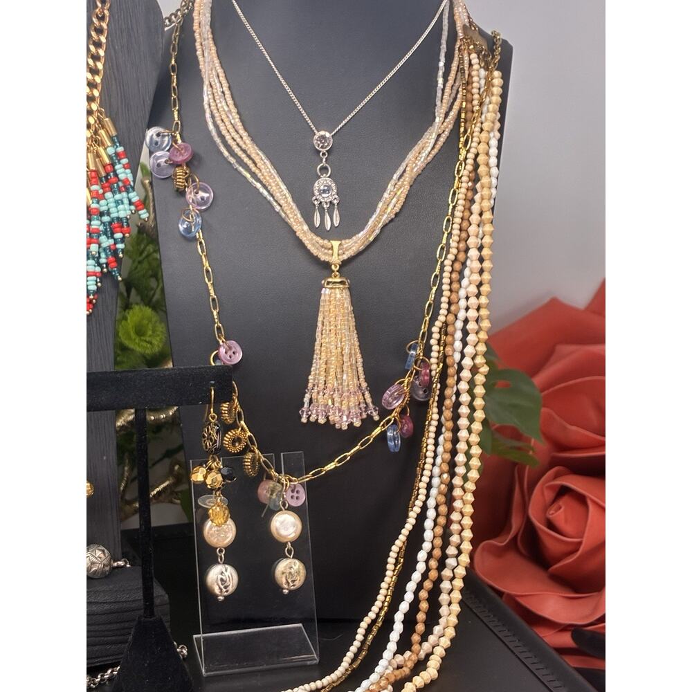 Vintage Colorful Seed Bead Fringe Bib Necklace Gold Tone Boho Southwest - Picture 7 of 9